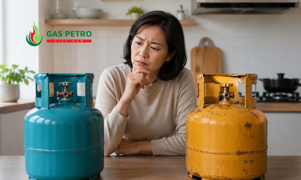 Người dùng kiểm tra dấu kiểm định trên bình gas LPG