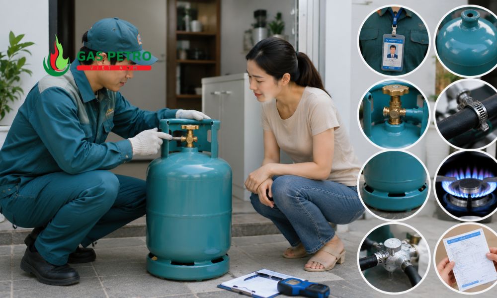Khách hàng đối chiếu thông tin thương hiệu trên bình gas