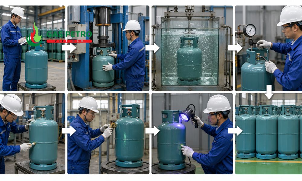 Kỹ thuật viên kiểm định bình gas trước khi đưa vào sử dụng